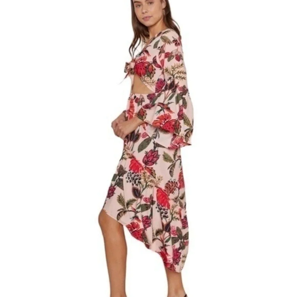 Raga Floral Cutout Bell Sleeve High Low Midi Dress Pink Multi R4561 Womens M NEW